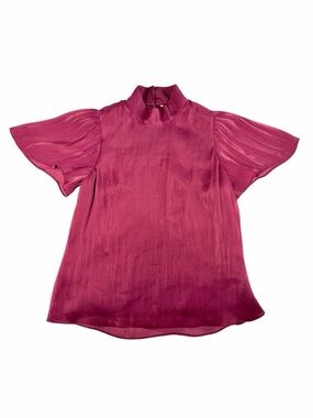 LAUREN CONRAD Burgundy Satin Flutter Sleeve Blouse – Mock Neck Magenta Top XS